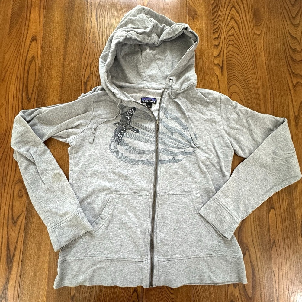 Patagonia Grey Full Zip Cotton Blend Bird Print Hoodie Jacket Women's Size S